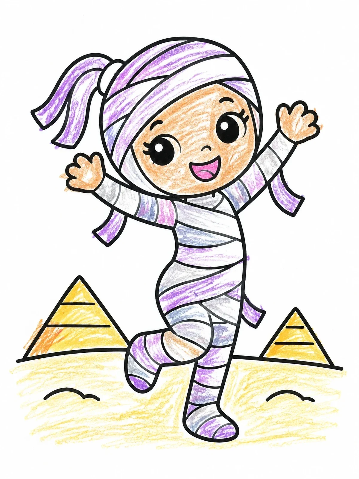 Colored example of the Happy Little Mummy Dancing coloring page