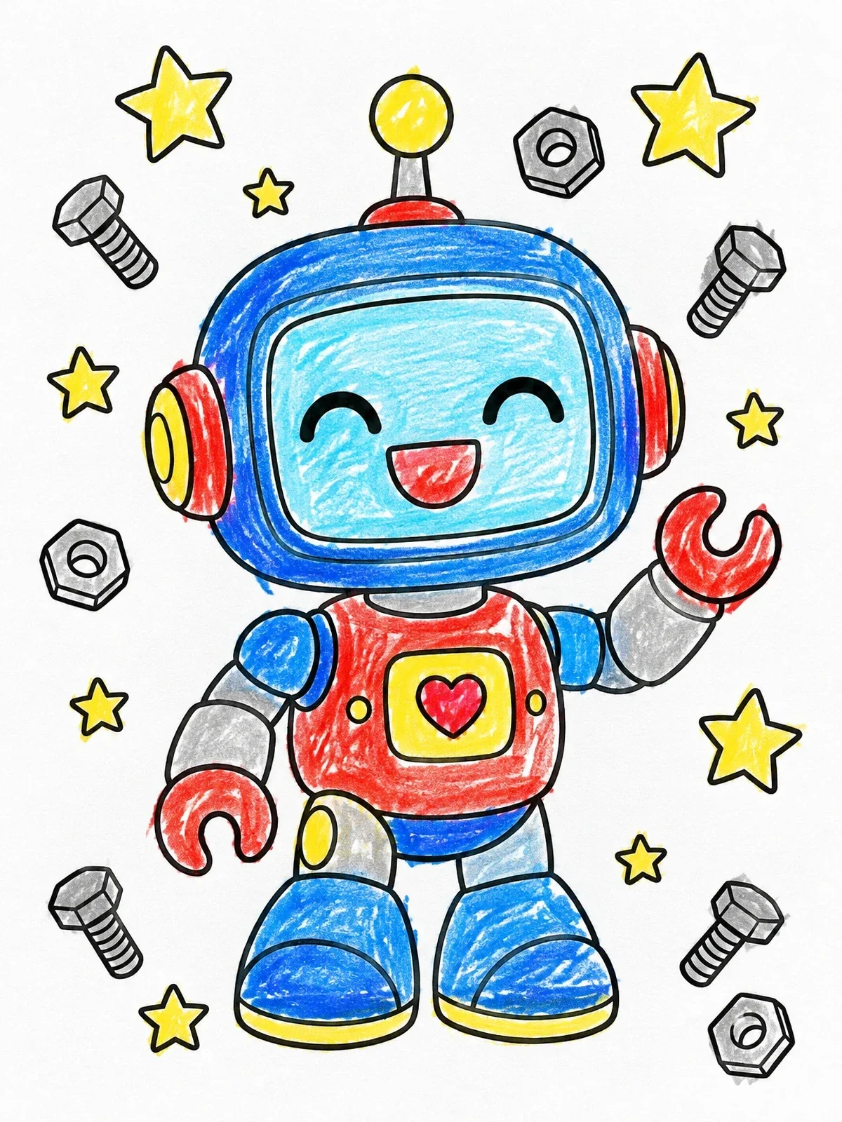 Colored example of the Happy Little Robot With Stars coloring page