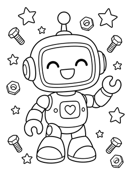 A friendly robot coloring page surrounded by twinkling stars, nuts, and bolts.