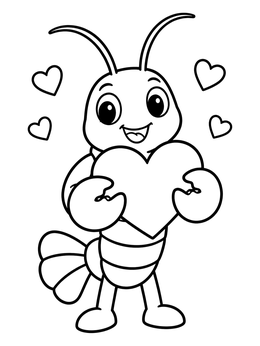 A cute lobster coloring page featuring a smiling character holding a large heart surrounded by smaller hearts.