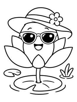 Free printable Happy Lotus Flower With Sunhat And Sunglasses coloring page