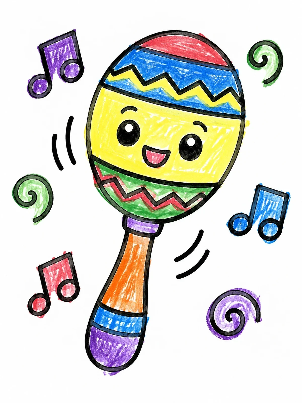 Colored example of the Happy Dancing Maraca With Music Notes coloring page