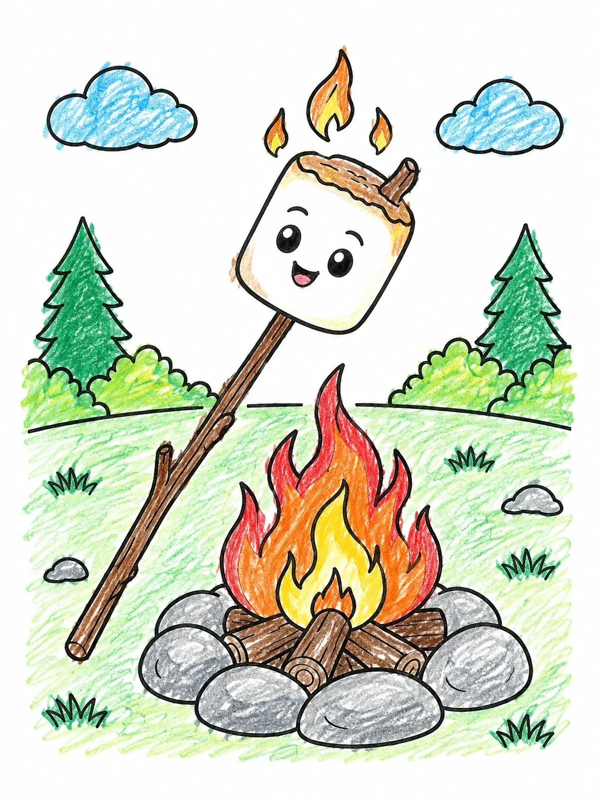 Colored example of the Toasting Marshmallow By The Campfire coloring page