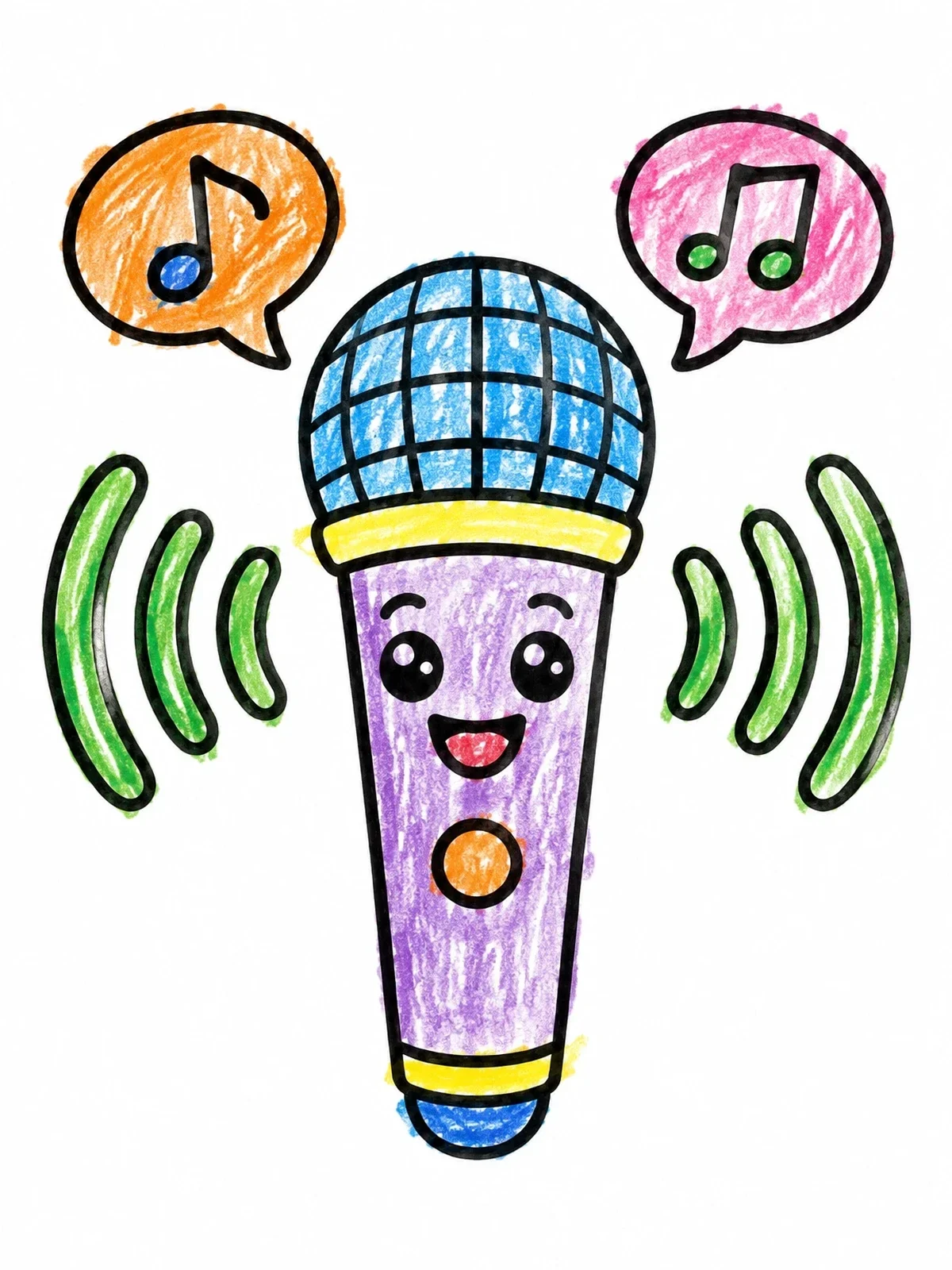 Colored example of the Happy Singing Microphone With Musical Notes coloring page
