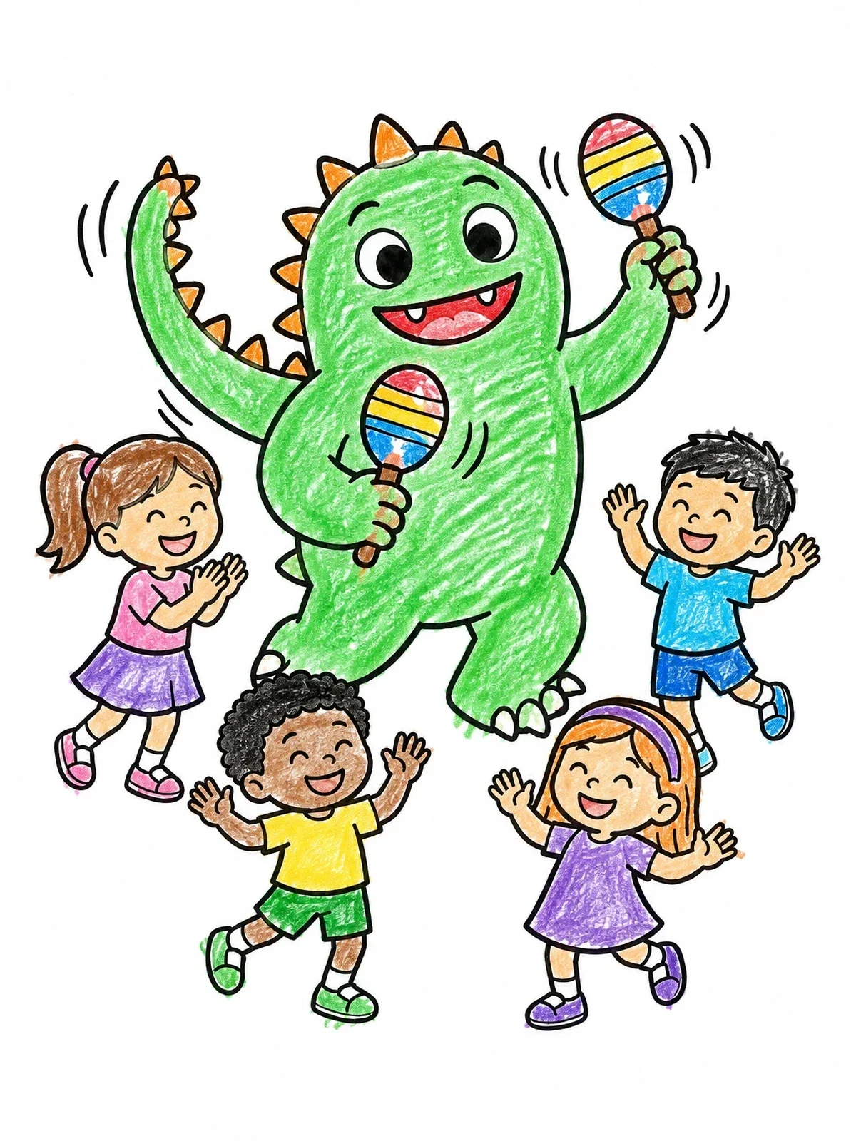 Colored example of the Happy Monster Dancing With Children coloring page