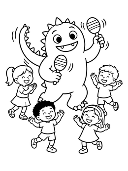 A cheerful monster coloring page showing a dancing creature playing maracas with happy kids.