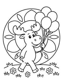 Free printable Happy Moose With Balloons coloring page