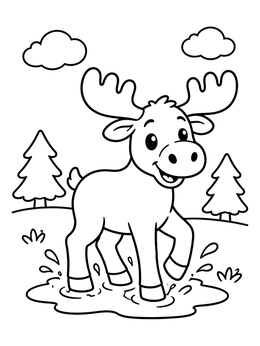 Free printable Happy Moose Splashing In Puddle coloring page