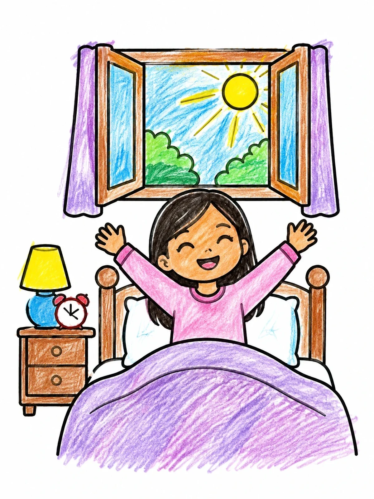 Colored example of the Happy Morning Stretch In Bed coloring page