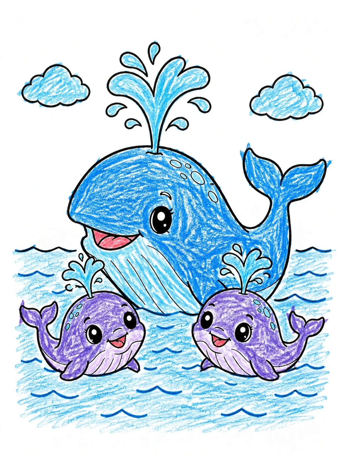 Colored example of the Happy Mother Whale And Baby Calves coloring page