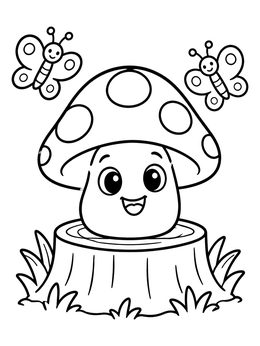 Free printable Happy Little Mushroom On Tree Stump coloring page