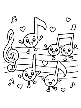 Free printable Happy Musical Notes Dancing On Staff coloring page