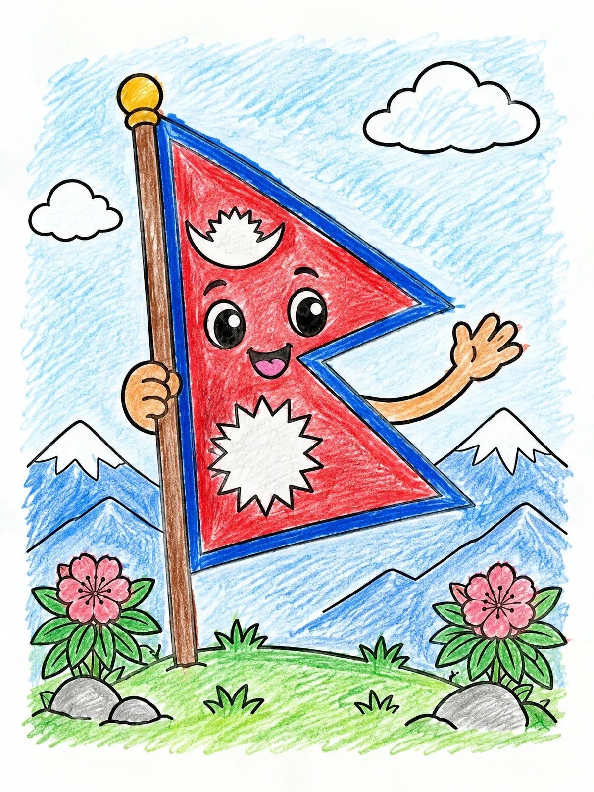 Colored example of the Happy Nepal Flag Mascot coloring page