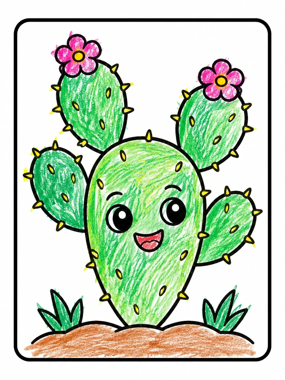 Colored example of the Happy Prickly Pear Nopal Cactus coloring page