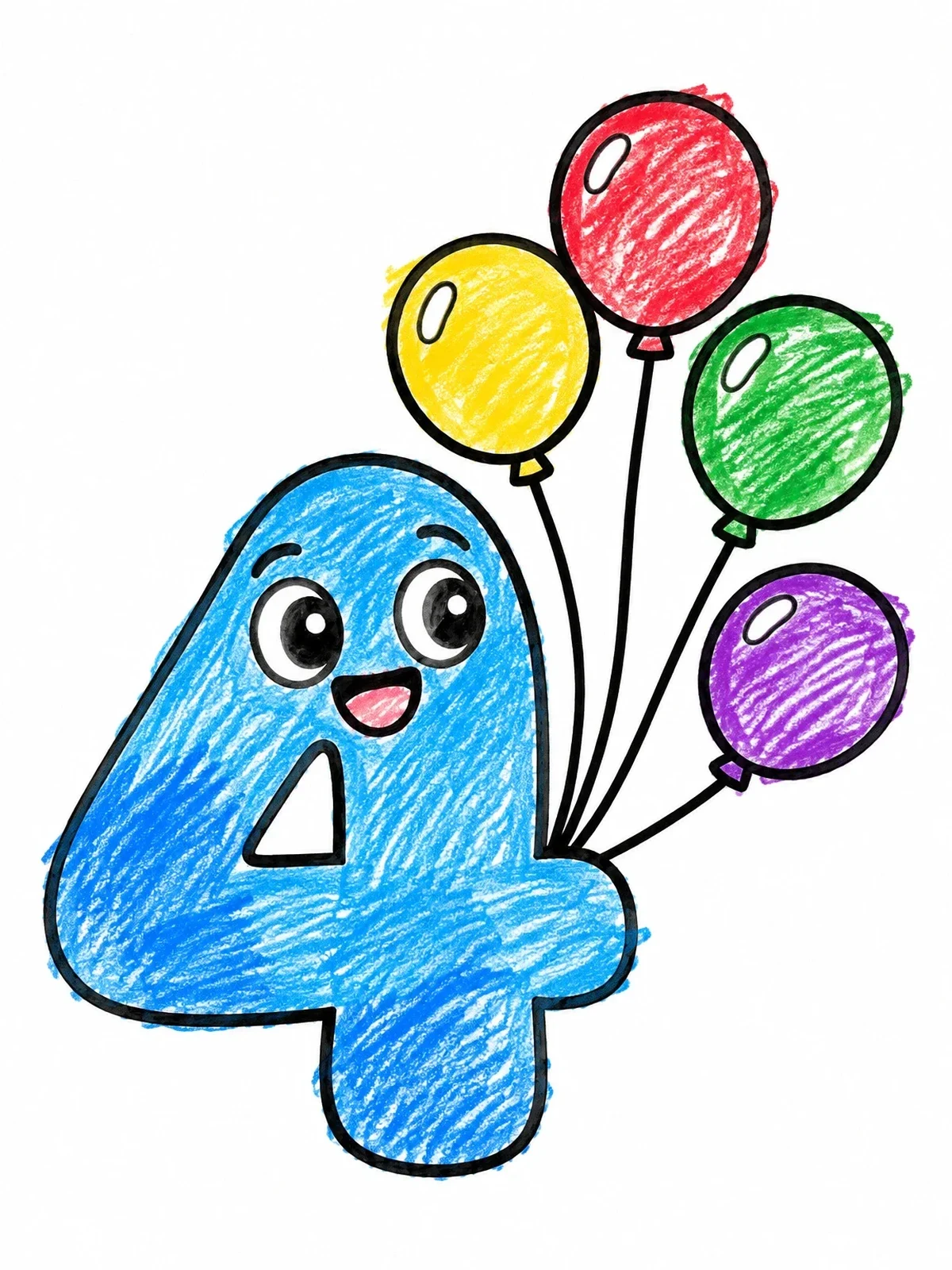 Colored example of the Happy Number Four Holding Balloons coloring page