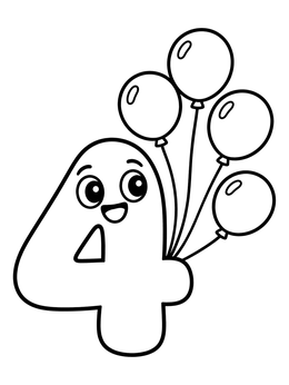 Free printable Happy Number Four Holding Balloons coloring page