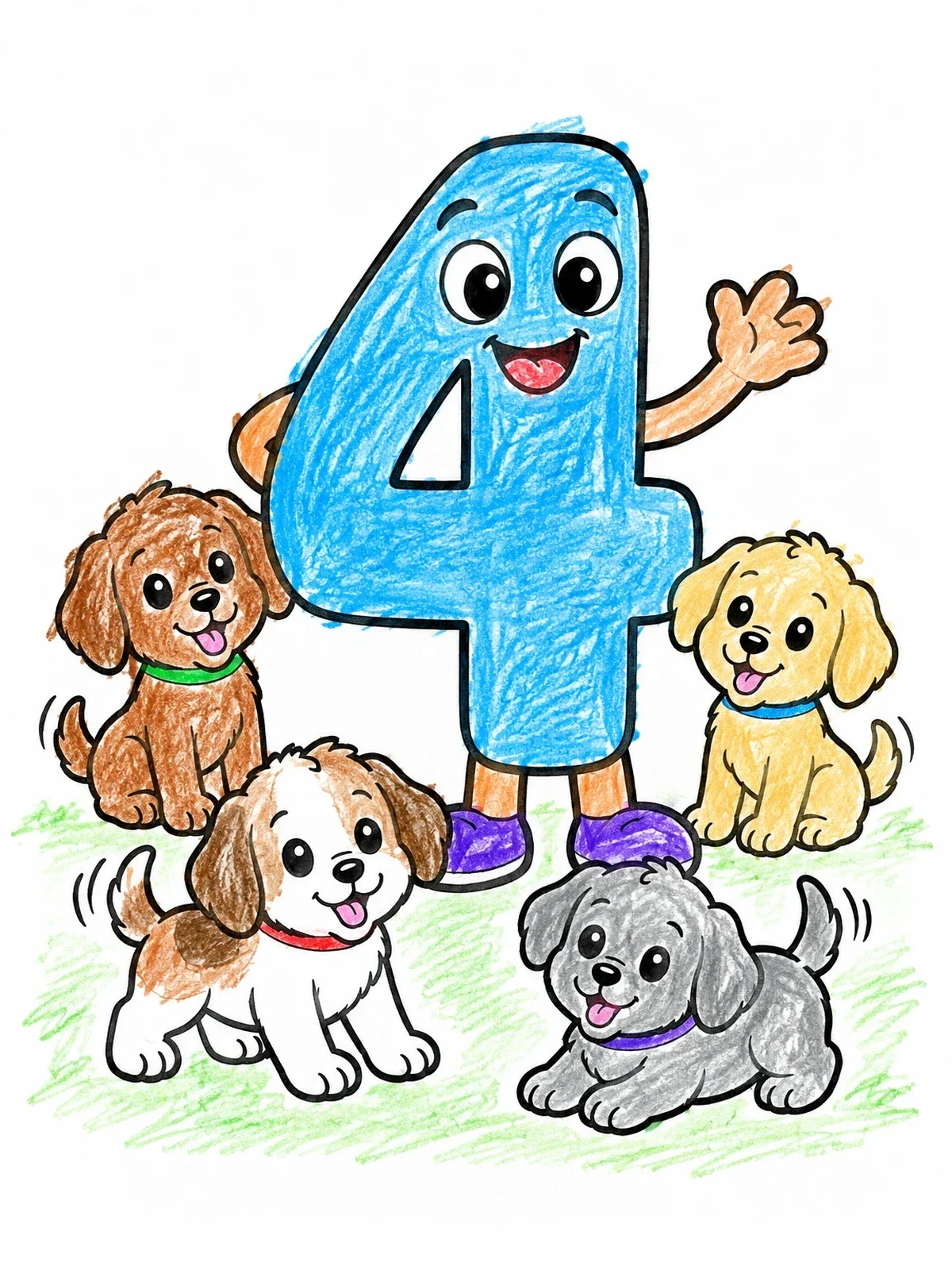 Colored example of the Happy Number Four With Four Puppies coloring page