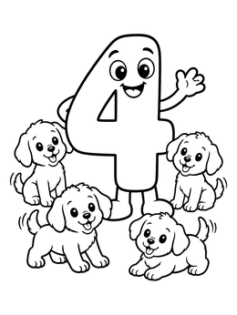 Free printable Happy Number Four With Four Puppies coloring page