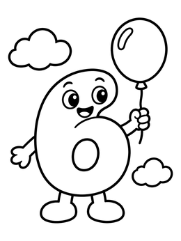 Free printable Happy Number Six With Balloon coloring page