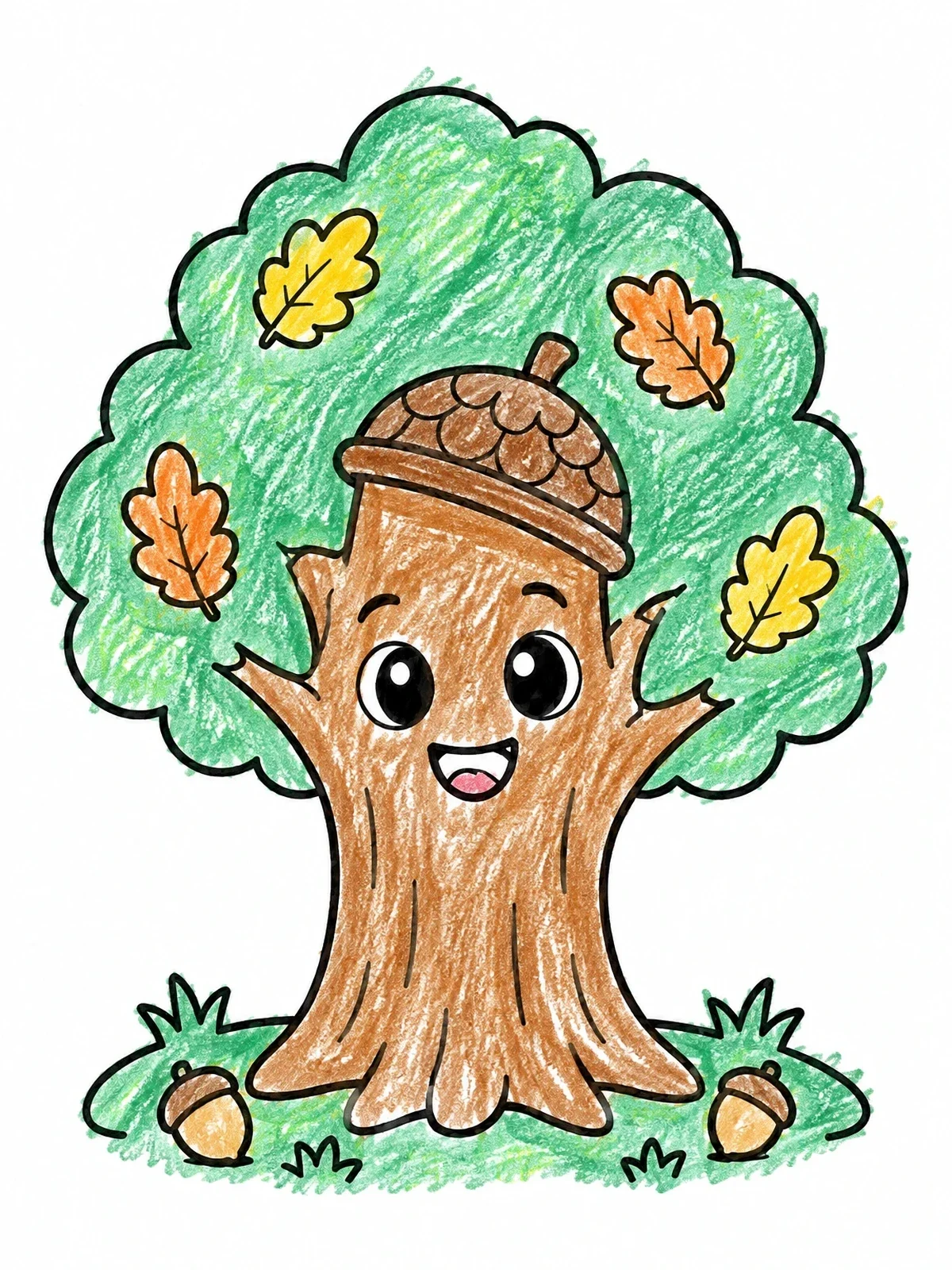 Colored example of the Happy Oak Tree With Acorn Cap coloring page
