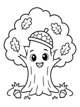 Free printable Happy Oak Tree With Acorn Cap coloring page