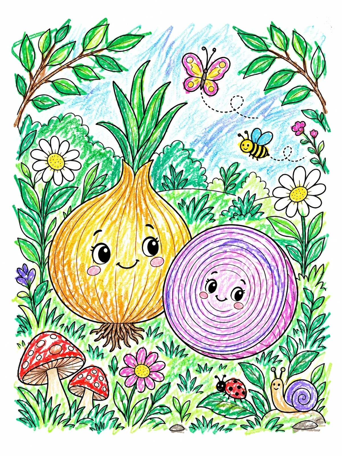 Colored example of the Happy Onion Friends In The Garden coloring page