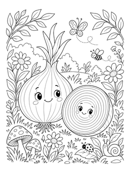 Free printable Happy Onion Friends In The Garden coloring page