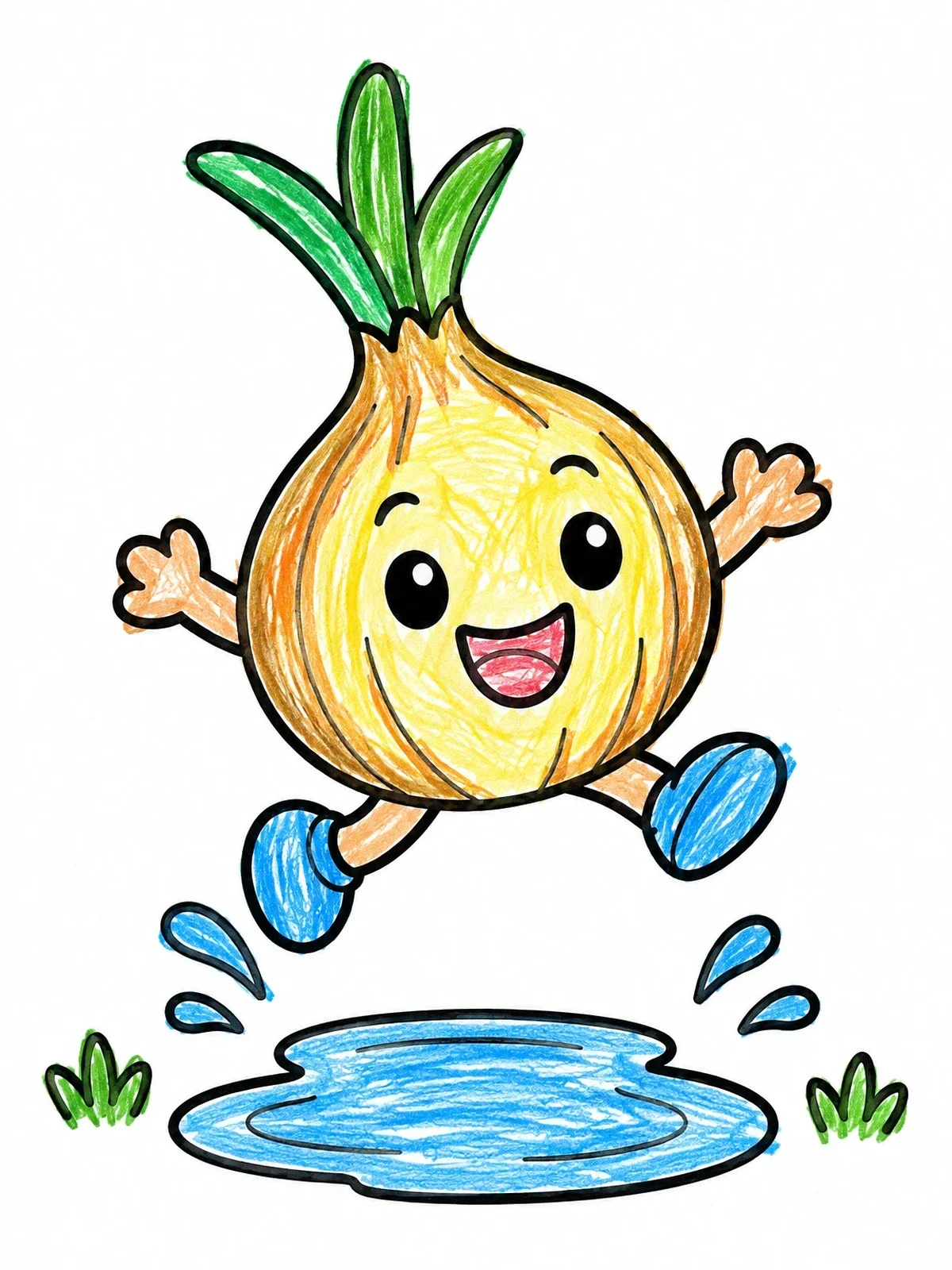 Colored example of the Happy Onion Jumping Over A Puddle coloring page