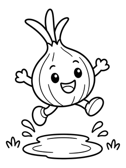 Free printable Happy Onion Jumping Over A Puddle coloring page