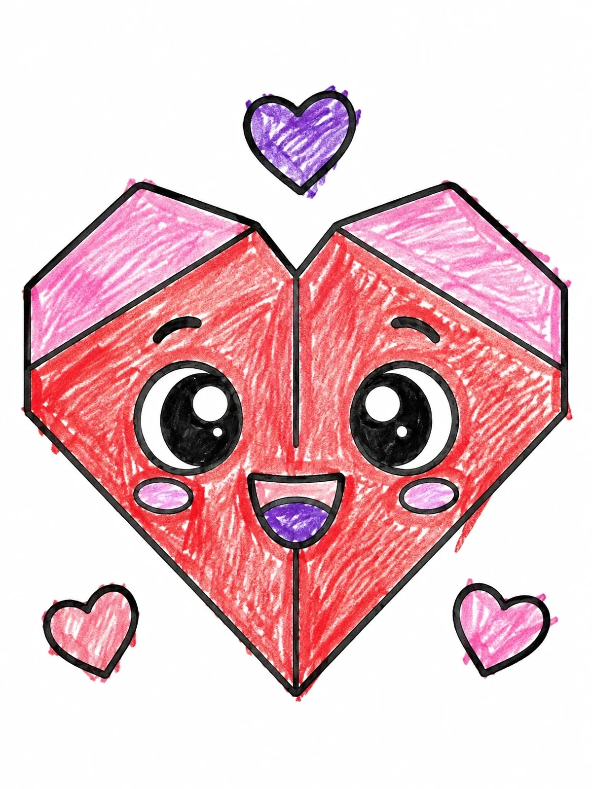 Colored example of the Happy Origami Heart With Cute Face coloring page