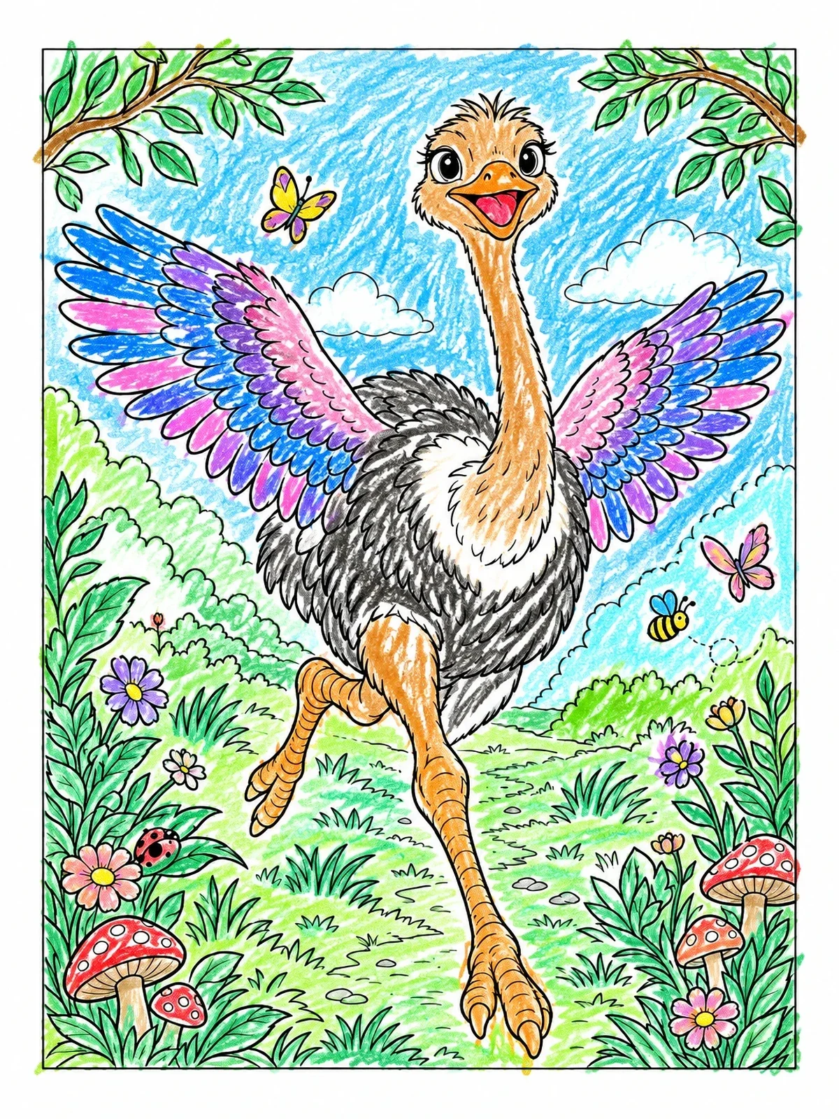Colored example of the Happy Ostrich Running Through A Meadow coloring page