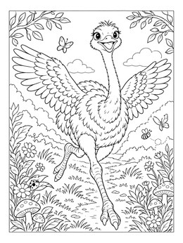 Free printable Happy Ostrich Running Through A Meadow coloring page