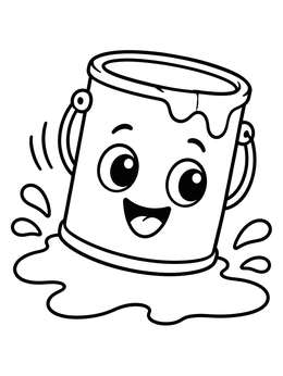 A cheerful cartoon paint can coloring page sliding in a splashy puddle.