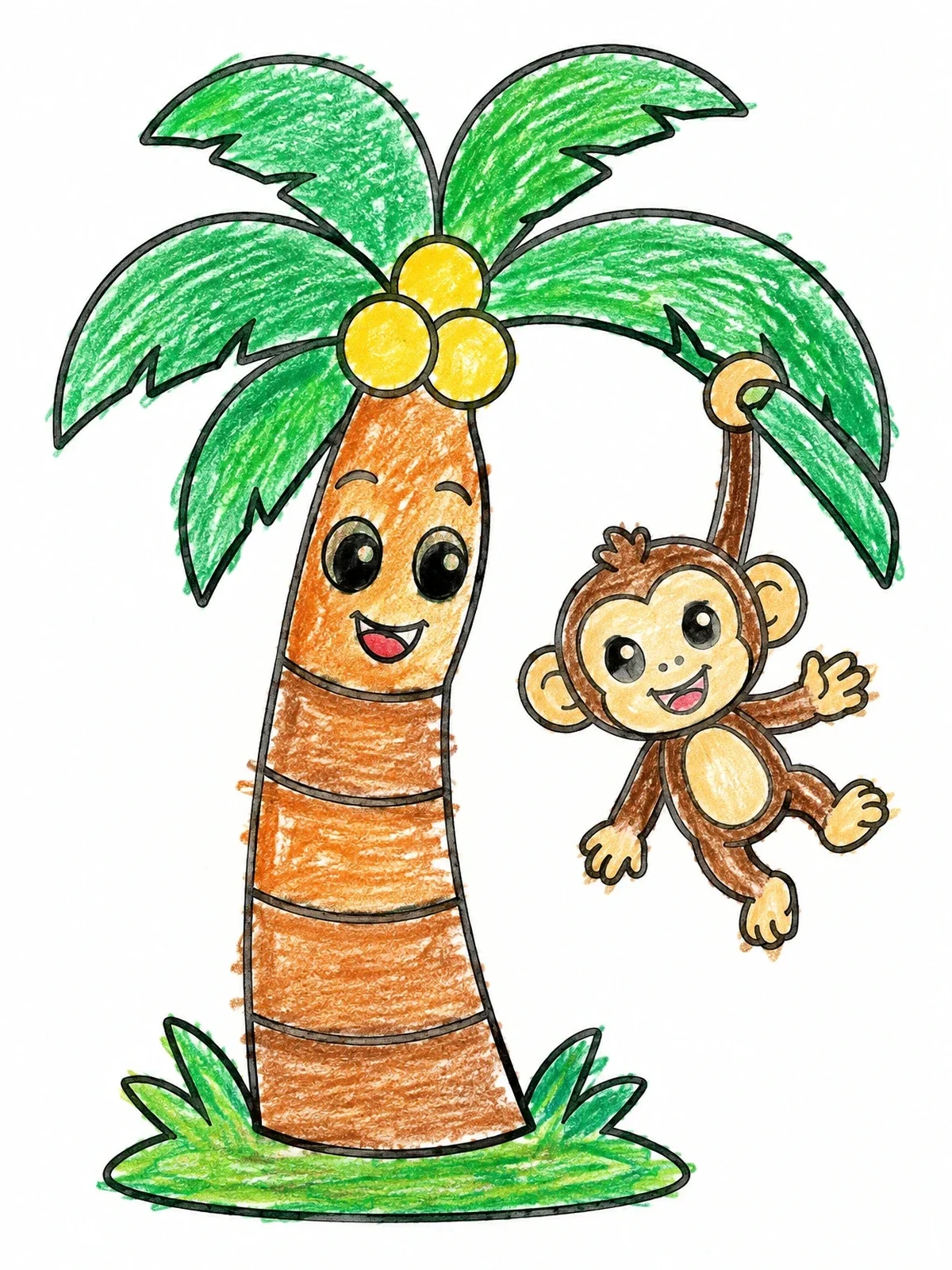 Colored example of the Happy Palm Tree And Cute Monkey coloring page