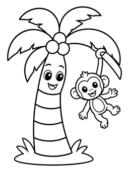Free printable Happy Palm Tree And Cute Monkey coloring page