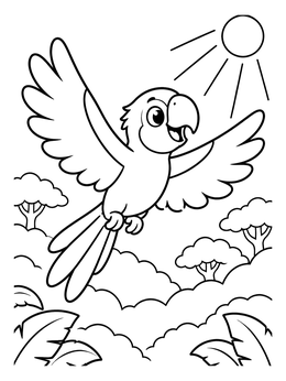 A cheerful parrot coloring page flying happily across a sunny jungle canopy.
