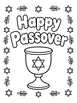 A decorative kiddush cup on a passover coloring page with stars of David.