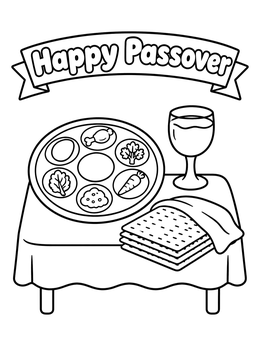 Free printable Happy Passover Seder Table coloring page