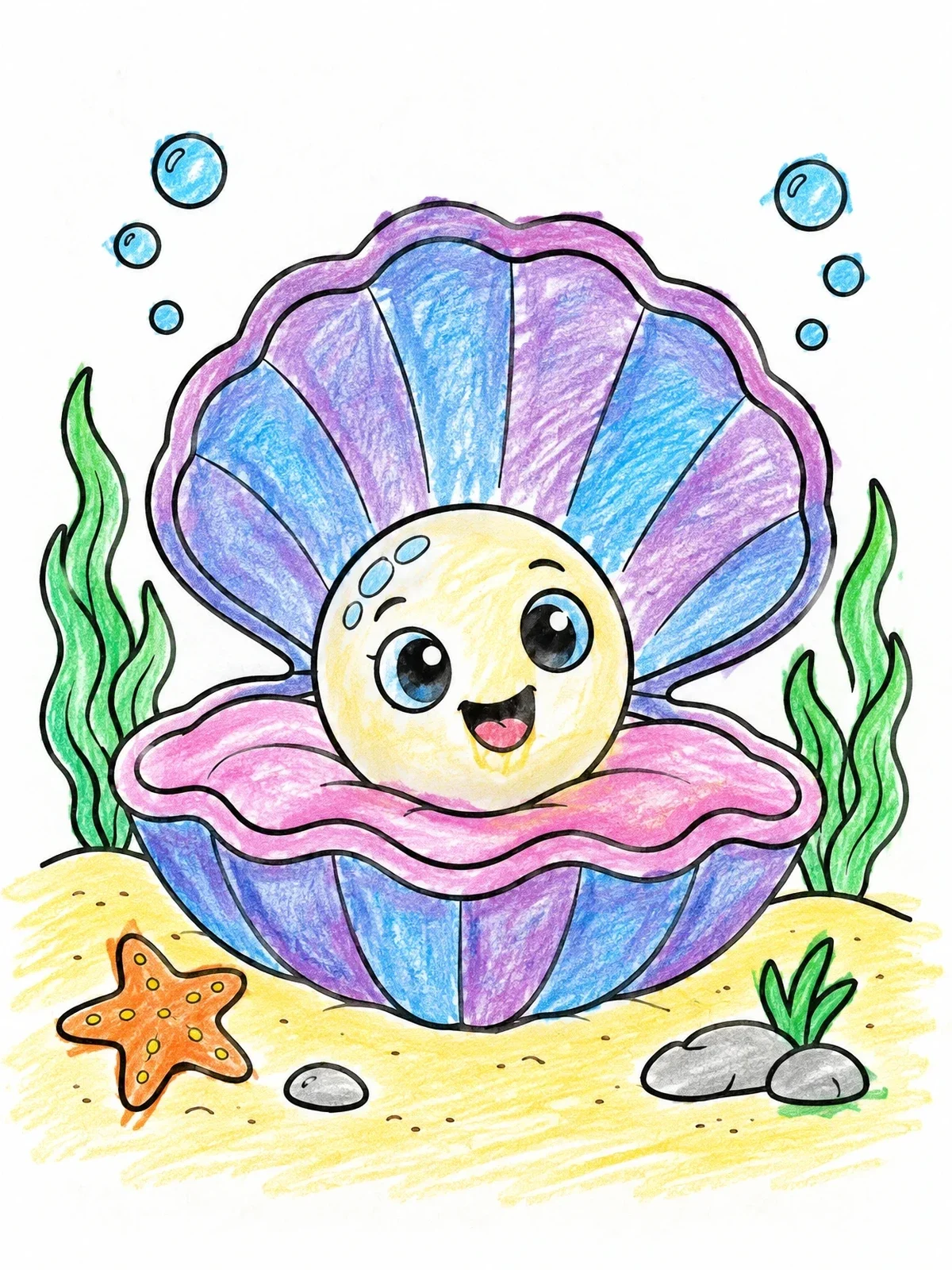 Colored example of the Happy Pearl In Clam Shell coloring page