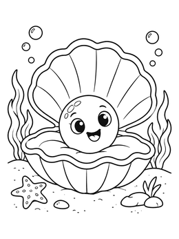 A cheerful clam coloring page showing a smiling pearl inside an open shell on the seabed.