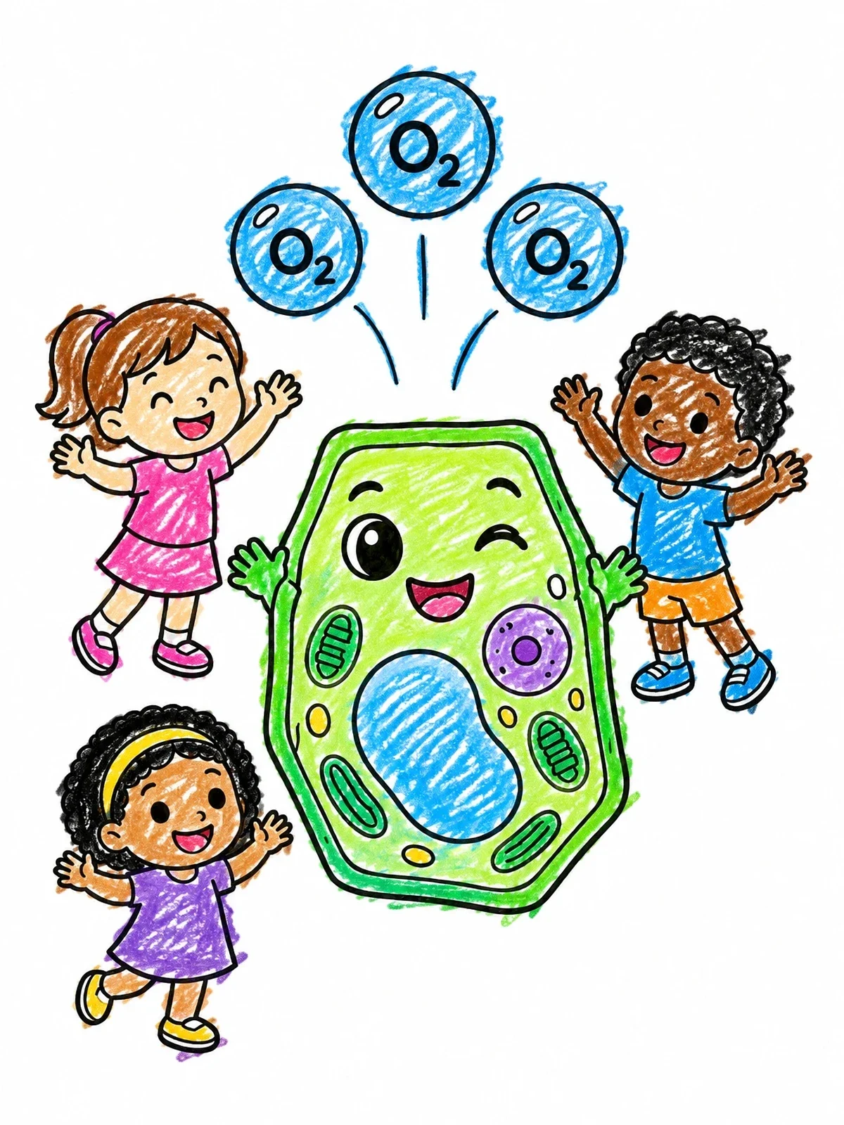 Colored example of the Happy Plant Cell Making Oxygen coloring page
