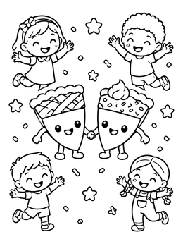 Free printable Happy Pie Slices And Cheerful Children coloring page