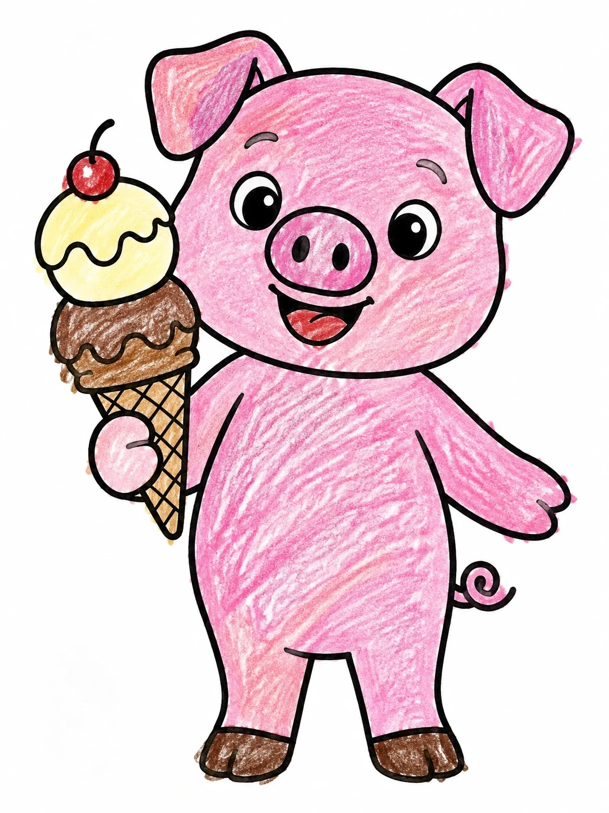 Colored example of the Happy Pig With Ice Cream Cone coloring page