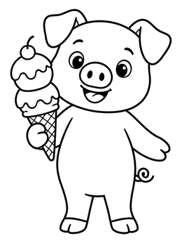 A happy cartoon pig holding a double scoop ice cream cone on this pig coloring page.