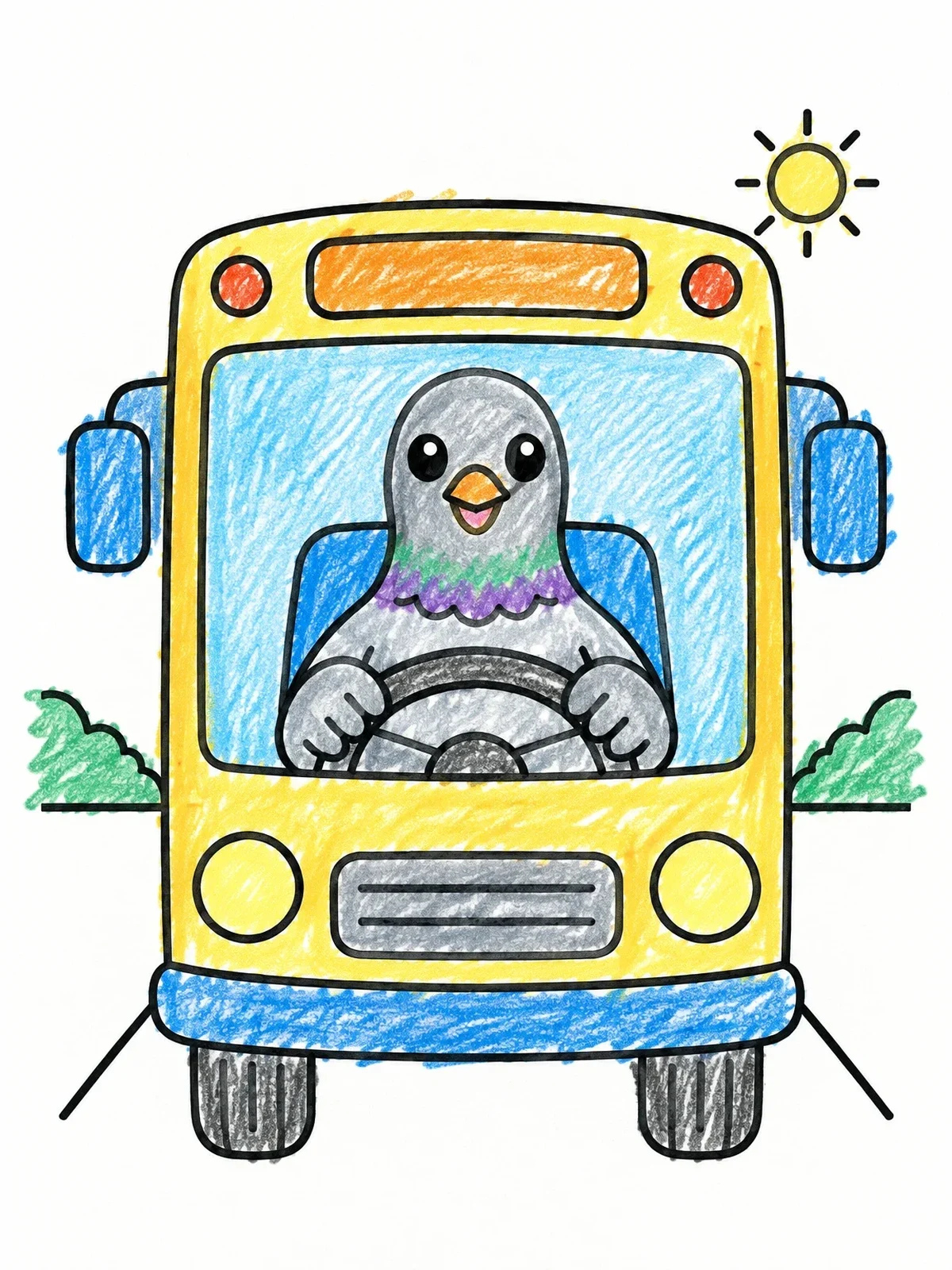 Colored example of the Happy Pigeon Driving A Bus coloring page