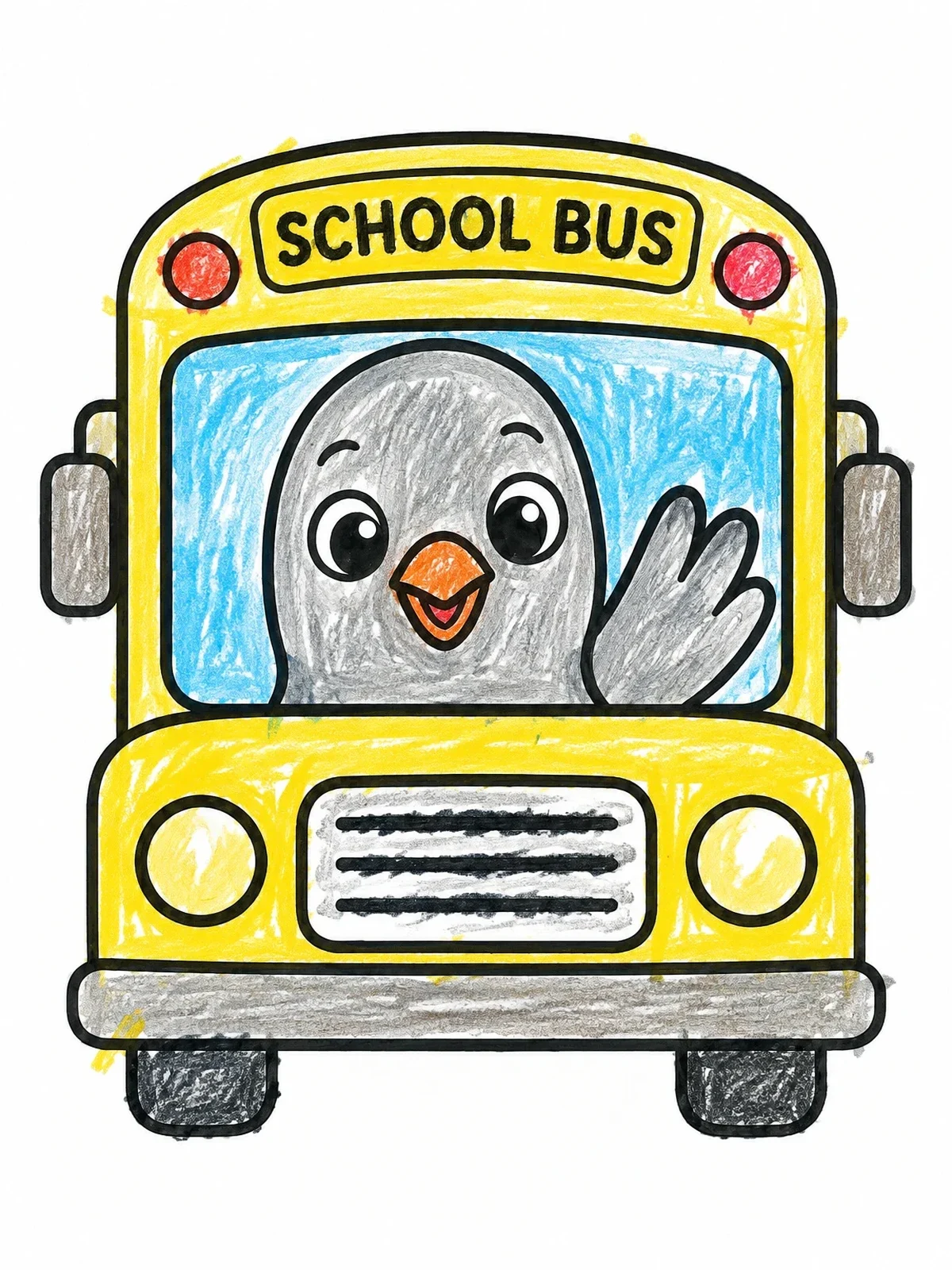 Colored example of the Happy Pigeon Driving School Bus coloring page
