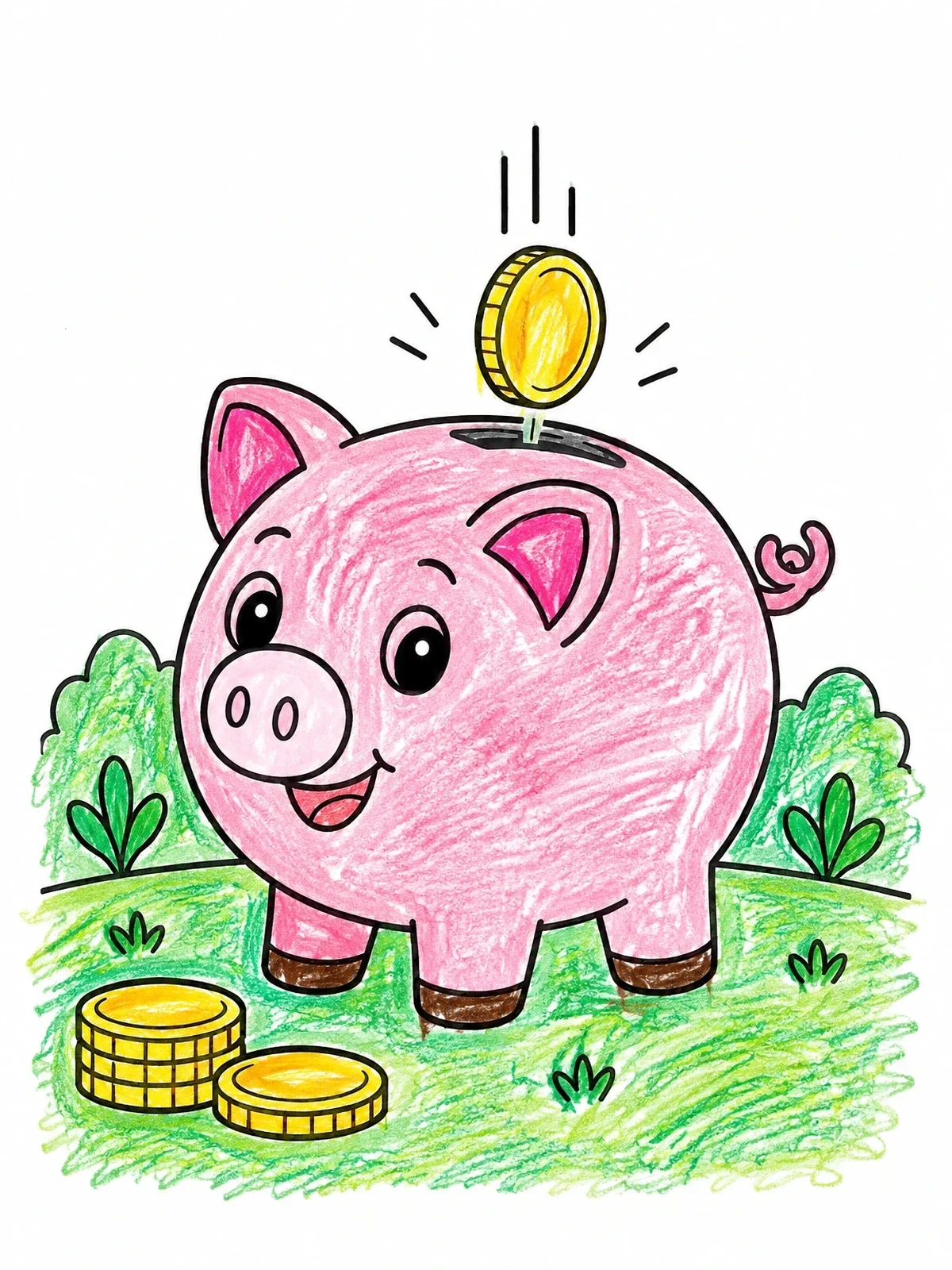Colored example of the Happy Piggy Bank With Coins coloring page