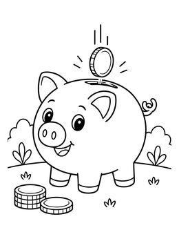 Free printable Happy Piggy Bank With Coins coloring page