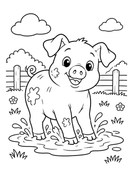 A cheerful pig coloring page featuring a cute piglet splashing playfully in a mud puddle.