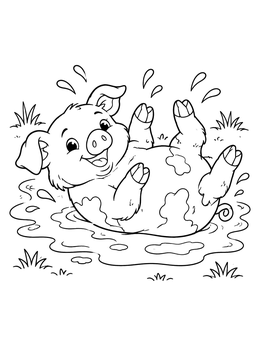 A cheerful pig coloring page featuring a piglet rolling happily in a muddy puddle.